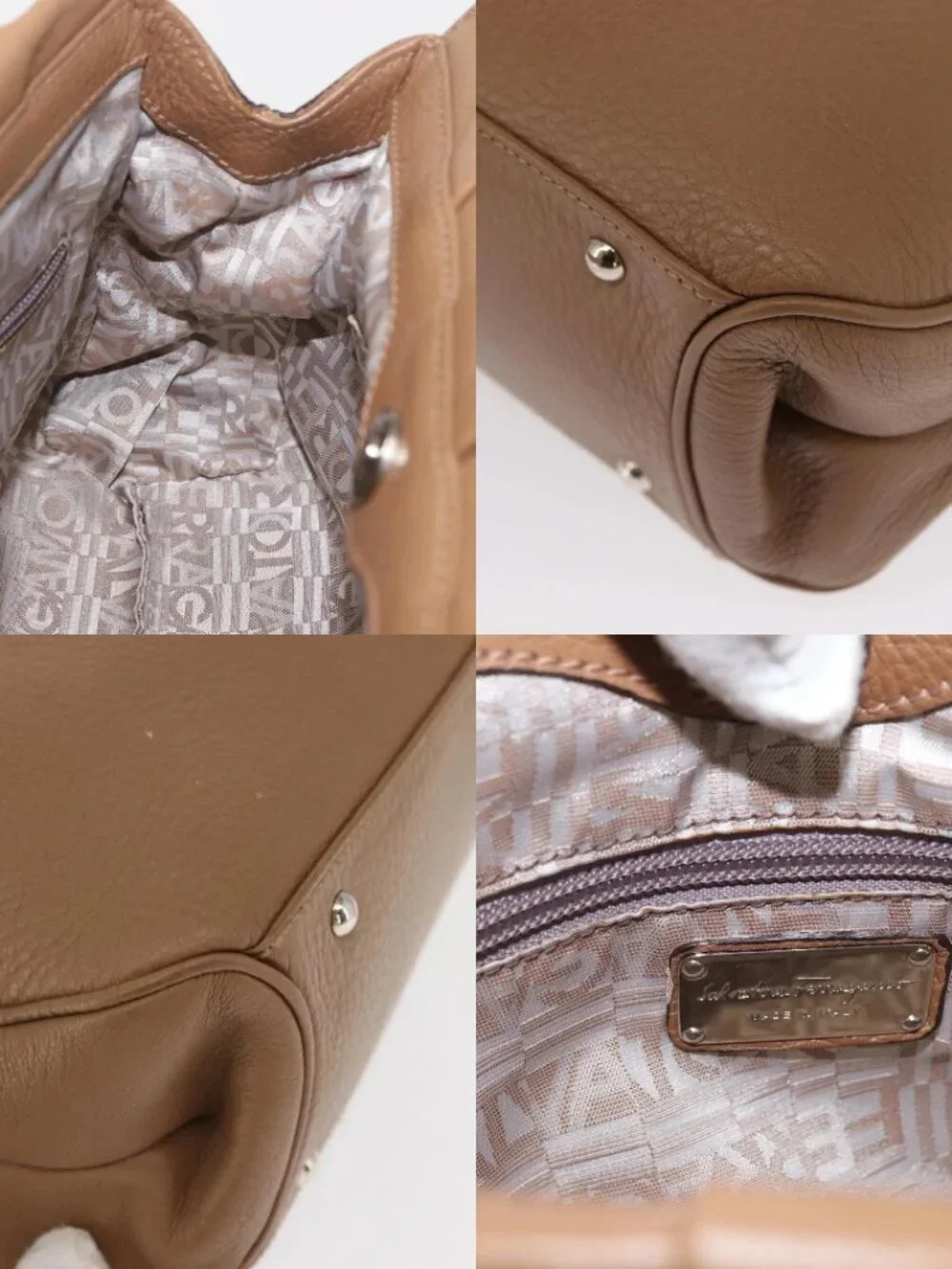 Salvatore Ferragamo Gancini Hand Bag Leather Brown Gold Auth 163989